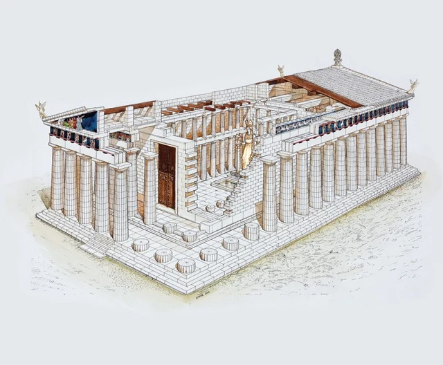 剖开复原图:外柱列、内殿与雕塑带的层次;并非现状照片。