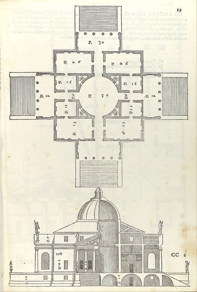 帕拉第奥《建筑四书》第二书第19页，1570年：上为平面，下为立面与剖面并置；这是发表方案。