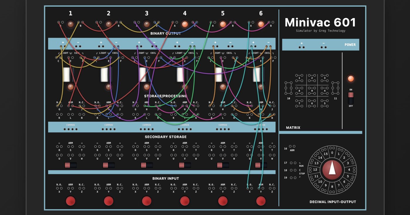 Minivac 601 模拟器面板：六个继电器、跳线、井字棋矩阵、十六格转盘