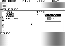 ZX Desk 的桌面：1982 年 48K ZX Spectrum 上的 256×192 图形桌面，带菜单栏与可重叠窗口
